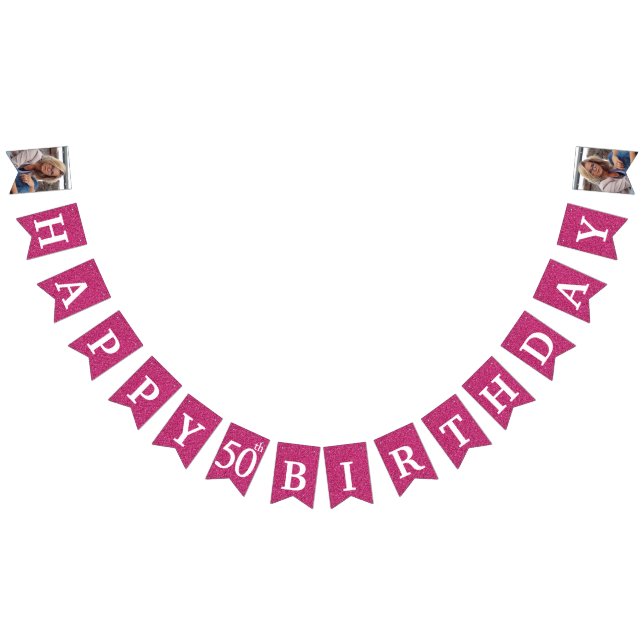 Banderines Feliz cumpleaños 50 Foto Brillo Rosa Caliente (Todo)