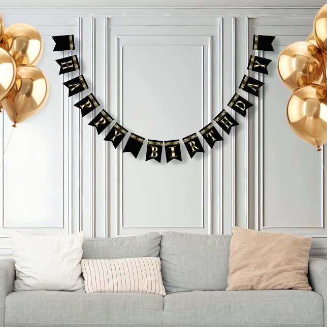 Banderines Feliz cumpleaños al oro metálico en negro (Subido por el creador)