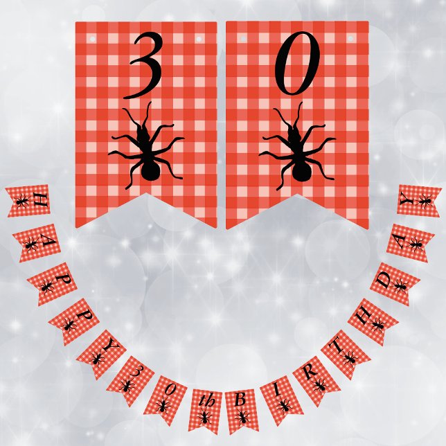 Banderines Feliz cumpleaños Big Black Ant Red White Plaid (Big Black creepy ants on red white picnic tablecloth plaid pattern on Happy Birthday flag banner.)