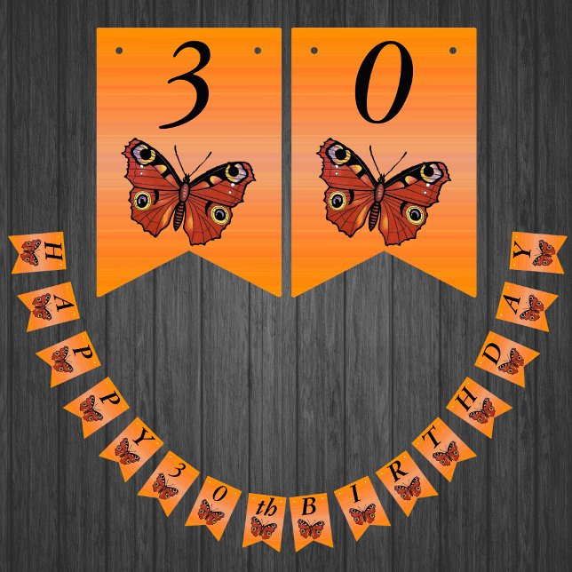 Banderines Feliz cumpleaños Bonito Monarca mariposa Naranja (Monarch butterflies on shades of orange Happy Birthday bunting flag party banner.)