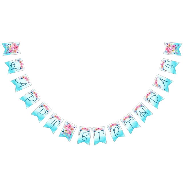 Banderines Feliz cumpleaños Floral azul turquesa rosa (Todo)