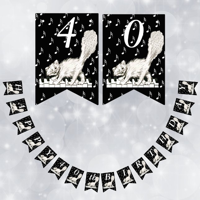 Banderines Feliz cumpleaños, gato blanco en notas de música d (Winking white cat on piano keys music note on black flag Happy Birthday banner.)