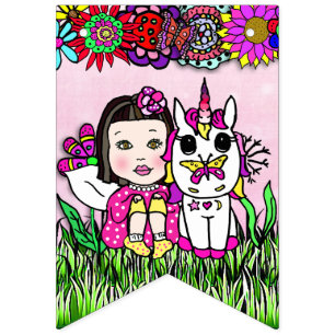 Banderines Feliz cumpleaños, hadas de unicornio rosa rojo y m