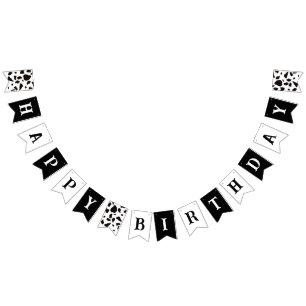 Banderines Feliz cumpleaños impresión de vacas en blanco y ne