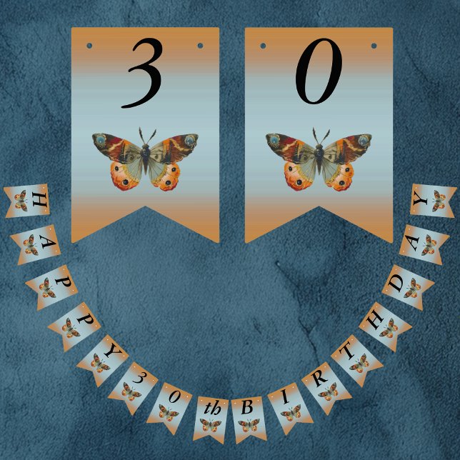 Banderines Feliz cumpleaños Monarca mariposa Naranjas Blues (Monarch butterflies in oranges and blues on Happy Birthday bunting flag party banner.)