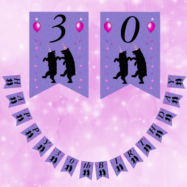 Banderines Feliz Cumpleaños Osos Bailarines Globos Estrellas  (Dancing black bears pink stars balloons party hats on purple Happy Birthday flag banner for parties.)