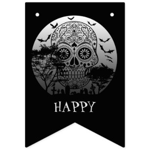 Banderines Feliz Halloween Calavera Cementerio Luna Llena 1
