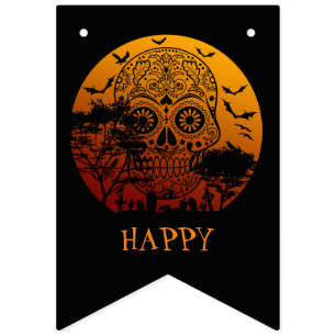 Banderines Feliz Halloween Calavera Cementerio Luna Llena 2