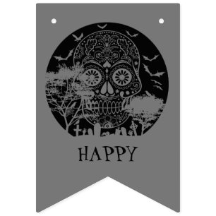 Banderines Feliz Halloween Calavera Cementerio Luna Llena 3