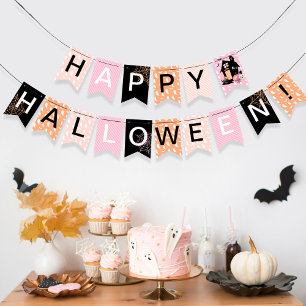 Banderines Feliz Halloween Casa Embrujada Rosa Naranja Negra