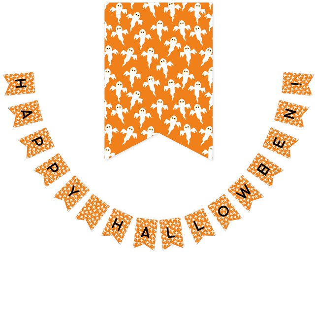 Banderines Feliz patrón fantasma de Halloween (Fun ghost pattern orange bunting flag garland with Happy Halloween! text)