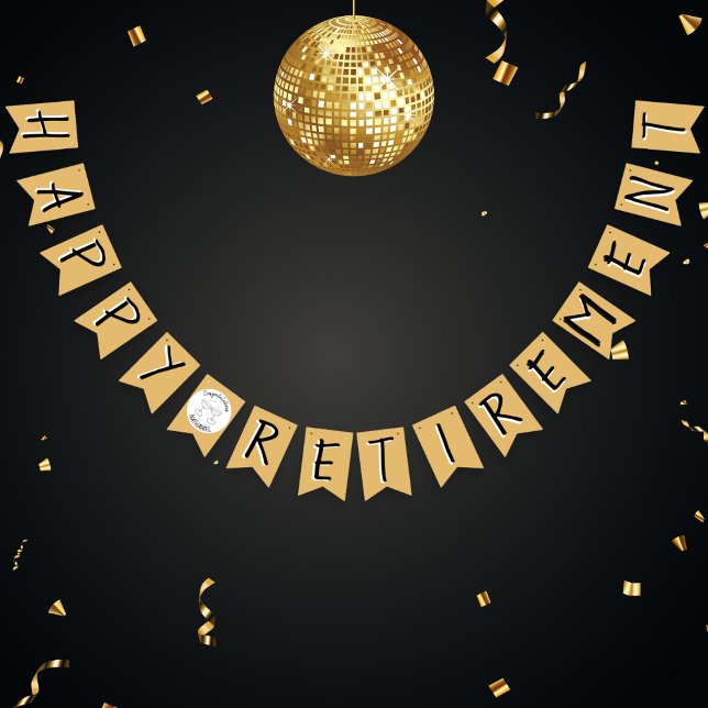 Banderines Feliz retiro Faux Gold Fiesta (Happy Retirement bunting in faux gold, black and white. Ideal decoration for a retirement part)