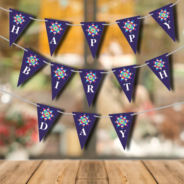 Banderines Fiesta Colorida Pinata Feliz Cumpleaños Azul (Colorful Fiesta Pinata Happy Birthday Blue Bunting Flags)