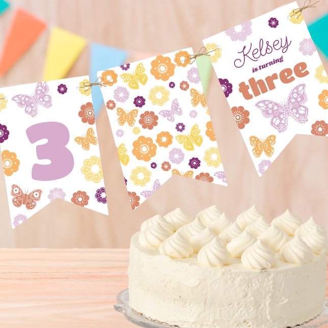 Banderines Fiesta de cumpleaños de la mariposa retro (Retro Butterfly Personalized Birthday Banner)
