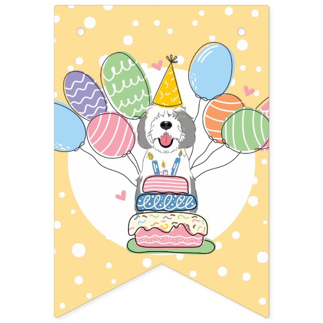 Banderines Fiesta de cumpleaños de perro de Sheepadoodle gris (Séptima bandera)