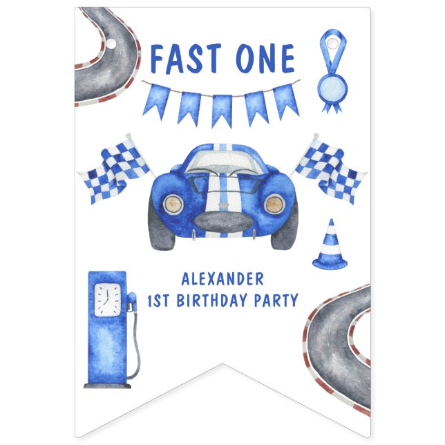 Banderines Fiesta de cumpleaños número uno con coche de carre (Primera bandera)