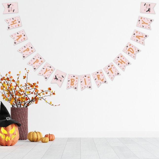 Banderines Fiesta Feliz Cumpleaños de Halloween Rosa (Cute Pink Halloween Happy Birthday Party Bunting Flags)