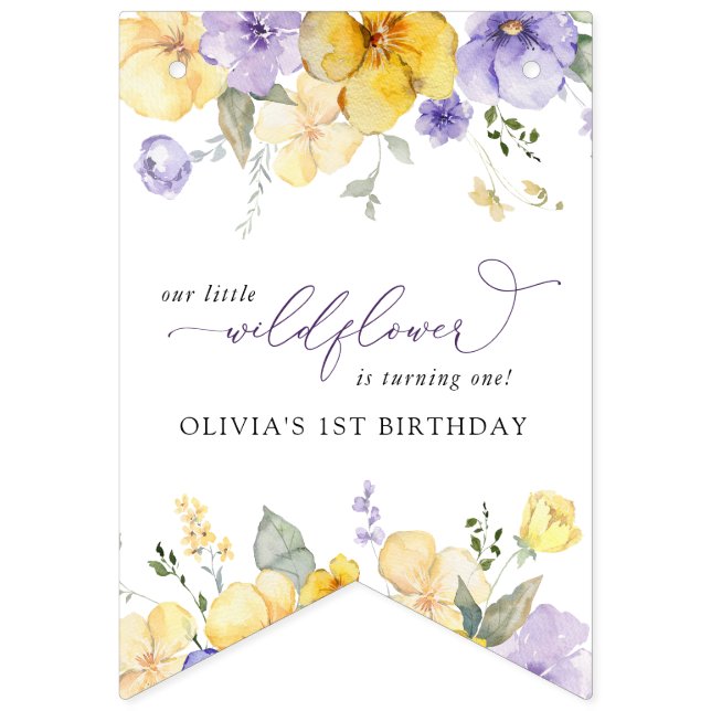 Banderines Flores moradas, flores amarillas, primer cumpleaño (Primera bandera)