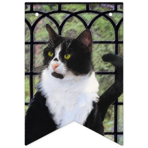 Banderines Gato de Tuxedo en la ventana Pintura de arte anima