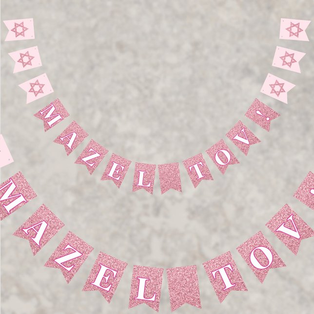 Banderines Glam Pink Sparkle Chica Mazel Tov Bat Mitzvah (This pink faux glitter MAZEL TOV! bunting flag drape is great for your Bat Mitzvah party)