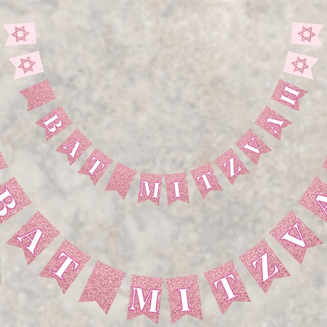 Banderines Glam Pink Sparkle Chica Moda Elegante Bat Mitzvah (A set of glam pink faux glitter bunting flags to add to your Bat Mitzvah party decor)
