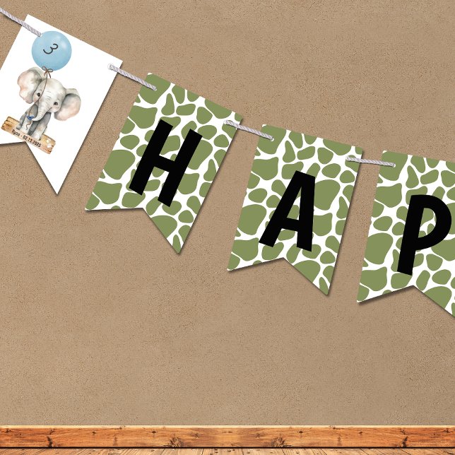 Banderines Globo de Elefante en Zoológico de la Selva Safari (Safari Jungle Watercolor Elephant Young Wild Three Happy Birthday Banner)