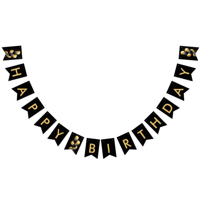 Banderines Globo de Oro Negro Chic Feliz Cumpleaños (Todo)