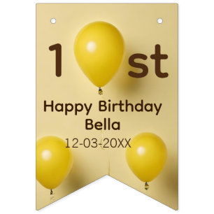 Banderines Globos amarillos cumpleaños 1er nombre fecha texto