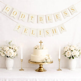 Banderines God Bless 6 Letters Ivory & Gold Baptism Communion