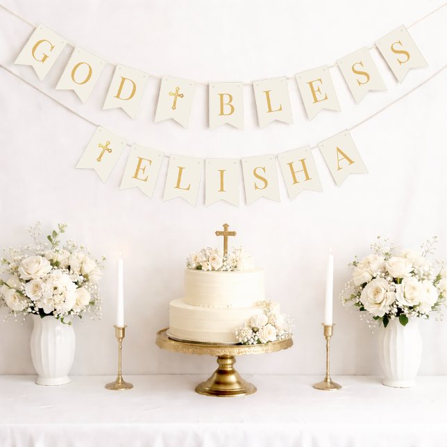 Banderines God Bless 6 Letters Ivory & Gold Baptism Communion (Subido por el creador)