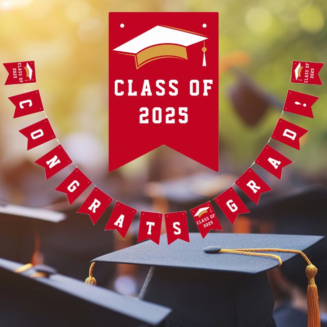 Banderines Graduación 2025 Felicitaciones Grad Red White (Graduation 2025 Red Bunting Flags)
