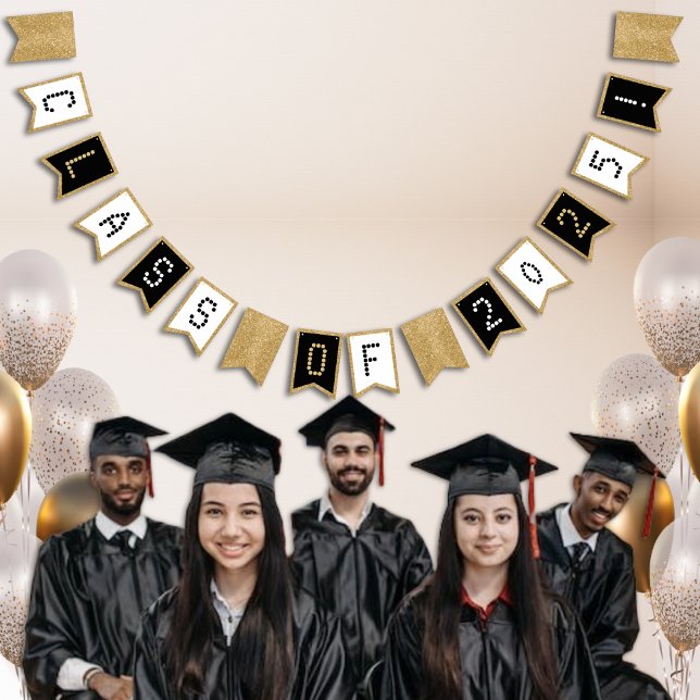 Banderines Graduación Clase de Purpurina Blanco y Oro Negro (Graduation Class of Black White & Gold Glitter Bunting Flags
)