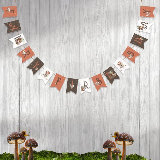 Banderines Hadas Primeros Animales Woodland hongos Primer cum (Fairy First Woodland Animals Mushrooms Girl's 1st Birthday Party Bunting Banner)
