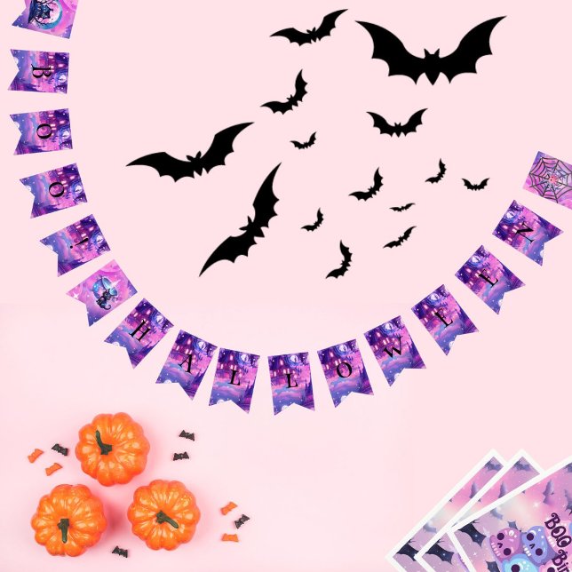 Banderines Halloween rosa lindo gato mágico adormilado (Boo its halloween let's have a party)