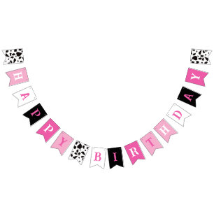 Banderines Happy Birday Cow Print Pink Black and White