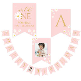 Banderines Happy Birthday Kids boho daisy Cute Pink 