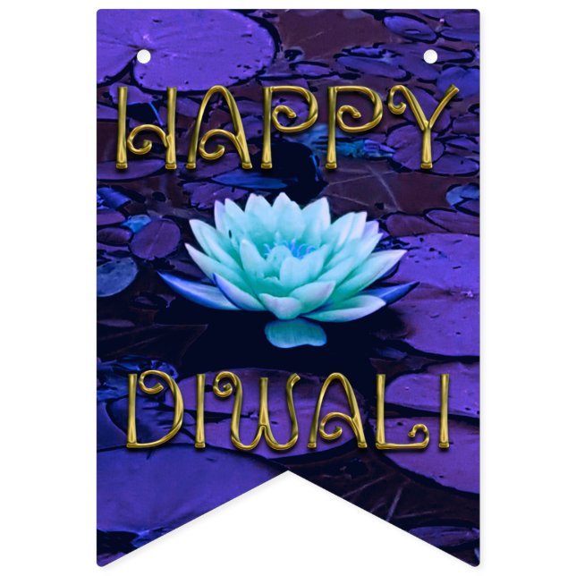 Banderines Happy Diwali Typography Purple Floral Lotus Flower (Primera bandera)
