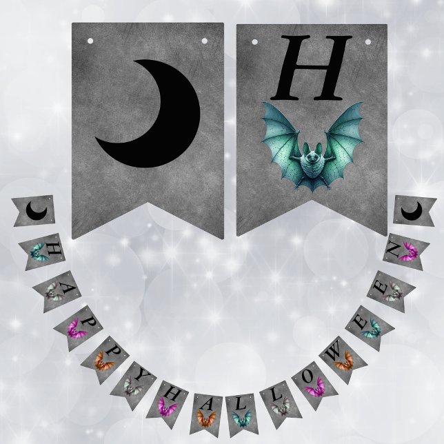 Banderines Happy Halloween Colourful Flying Bats Dark Grey (Flying Gothic bats in various vibrant colours on grey Happy Halloween flag banner decoration.)