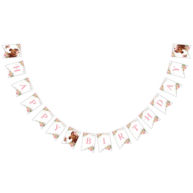 Banderines Horse Feliz cumpleaños Chica Pony Floral Rosa Sadd (Todo)