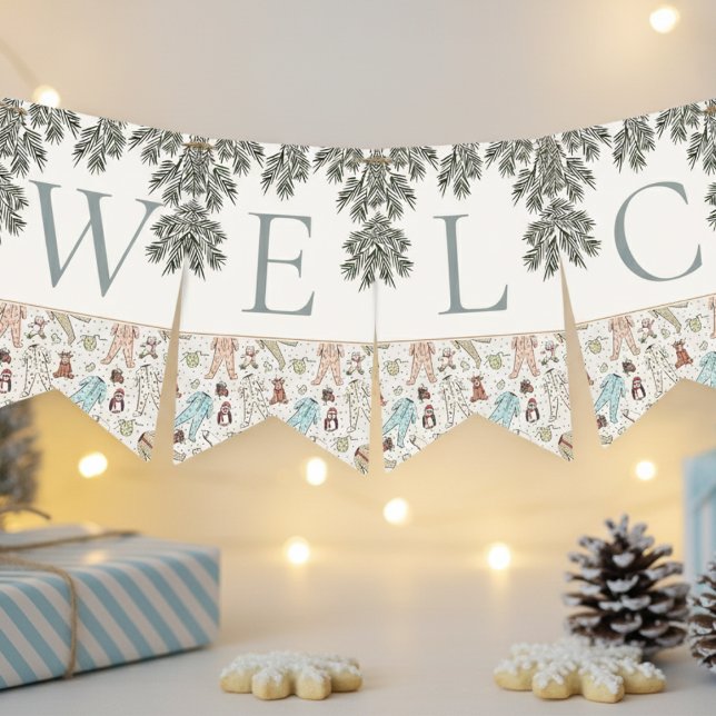 Banderines Ivory Welcome Baby Navidades Winter Baby Shower (Winter Christmas Baby Shower Bunting Flags. Cute Baby Pajamas, Penguin, Teddy Bear, Reindeer & Pine)