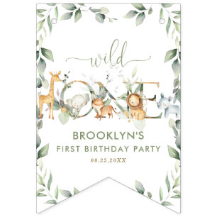 Banderines Jungle Animals Greenery Wild One Happy Birthday