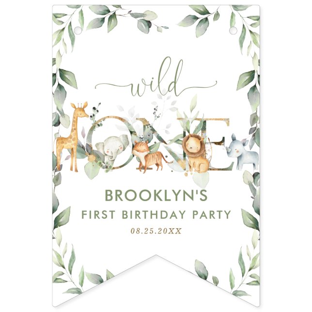 Banderines Jungle Animals Greenery Wild One Happy Birthday (Primera bandera)