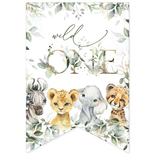 Banderines Jungle Animals, Safari, Wild One, First Birthday (Primera bandera)