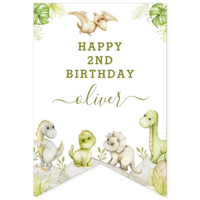 Banderines Kids Watercolor Dinosaur Birday Party (Primera bandera)