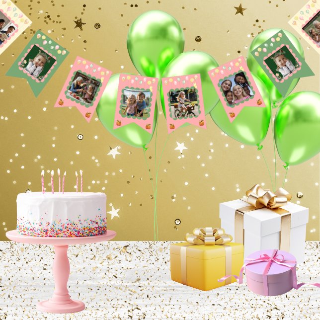 Banderines La familia de Chicas Cute Pastel Momentos Hito Cum (Your personalized text and favorite uploaded photos on a 16 flag bunting string in pastel colors)