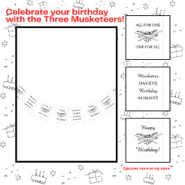 Banderines Los tres mosqueteros felices cumpleaños