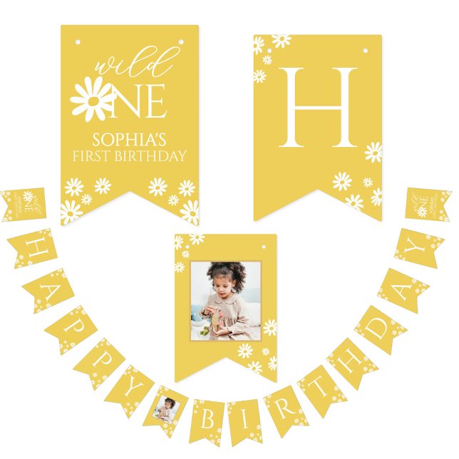 Banderines Milestone 1st Birthday Photo White Daisy Bunting (Subido por el creador)