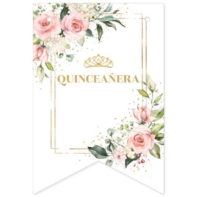 Banderines Moda flores rubor eucalipto oro 15 cumpleaños (Sexta bandera)