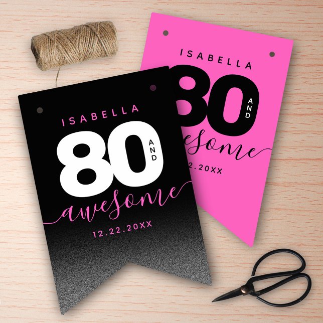 Banderines Moderna Girly rosa 80 e impresionante (Girly Pink 80 and Awesome Her 80th Birthday Bunting Flags Cover Photo.)