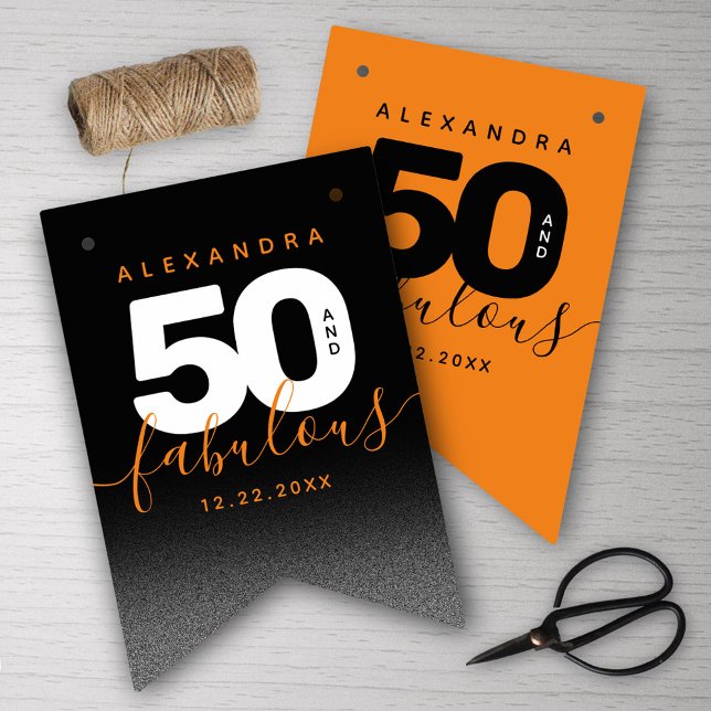 Banderines Moderno Naranja Girly 50 y fabuloso (Girly Orange 50 and Fabulous Her 50th Birthday Bunting Flags Cover Photo.)